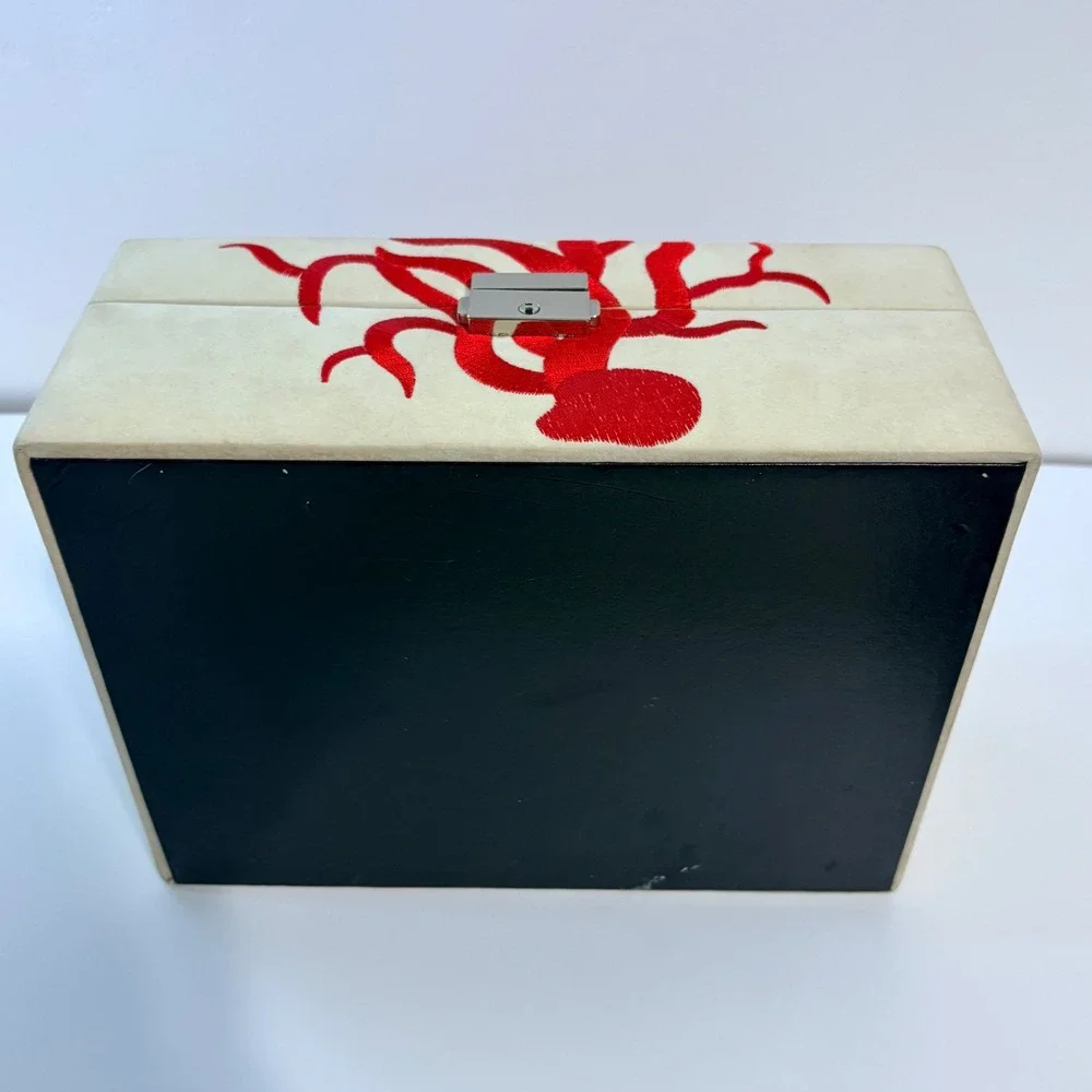 Jewelry Box Coral Embroidered Coastal Cream Red Organizer Small Mirror